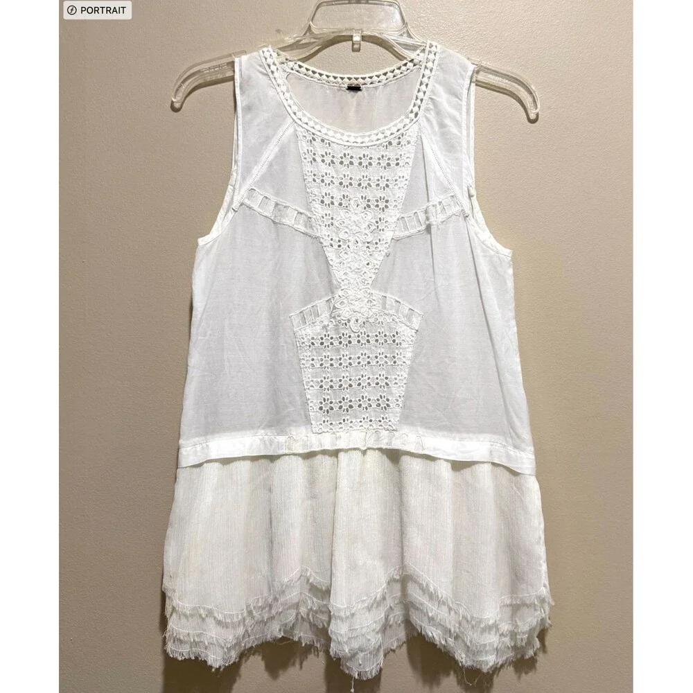 Free People Linen Crochet Lace Eyelet Peplum Cami White Boho Sheer Tank Blouse S